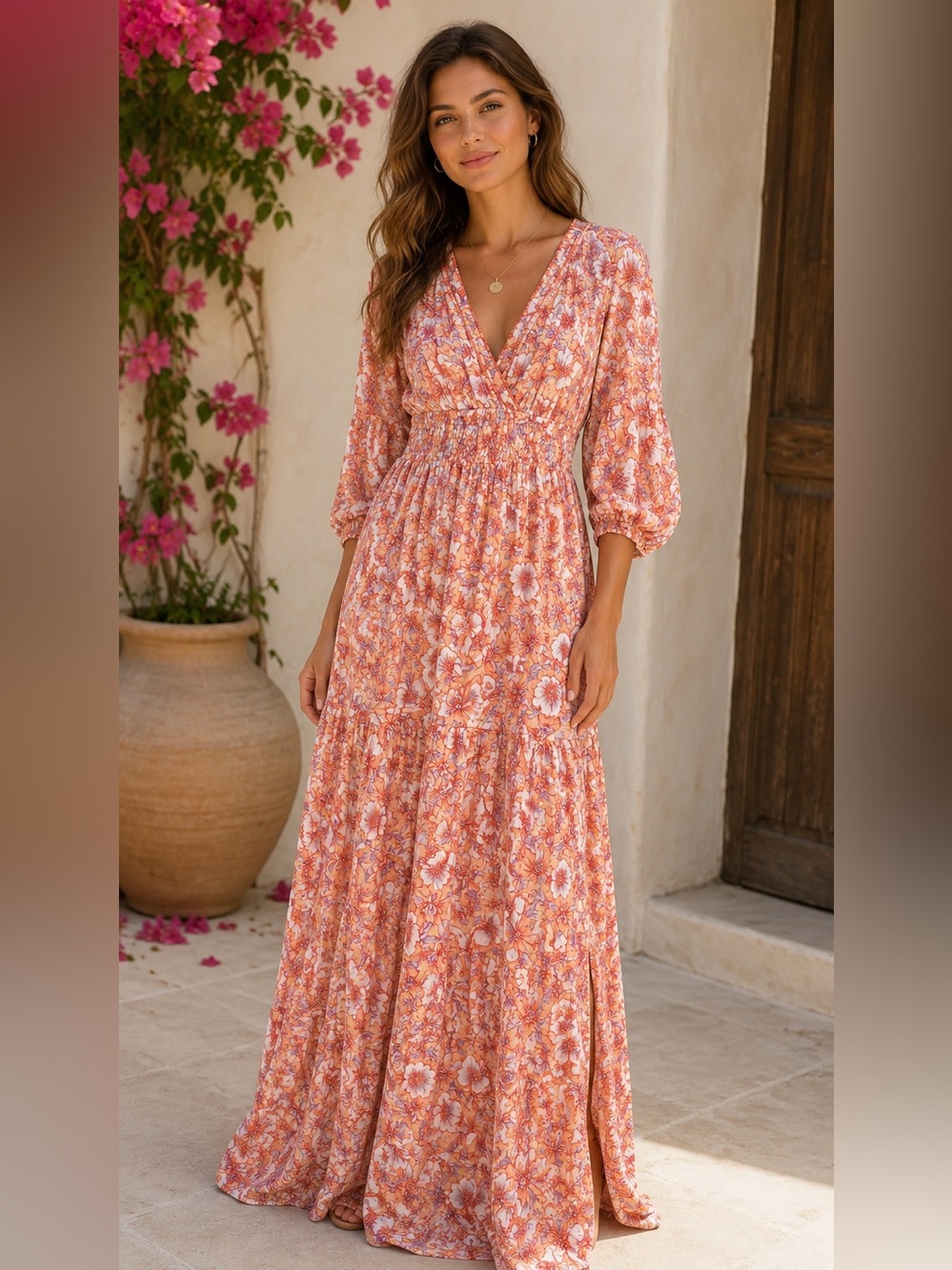 Poupette St. Barth Peach Floral V-Neck Maxi Dress XS